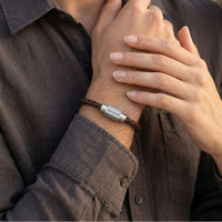 Steel and Barnett Luke Landon Thin Braided Brown Leather Men's Bracelet - Medium