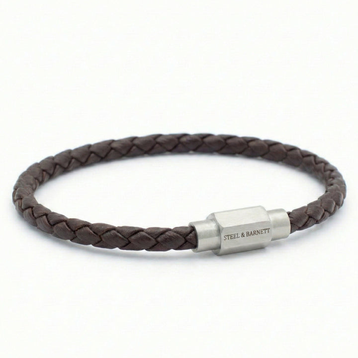 Steel and Barnett Luke Landon Thin Braided Brown Leather Men's Bracelet - Medium
