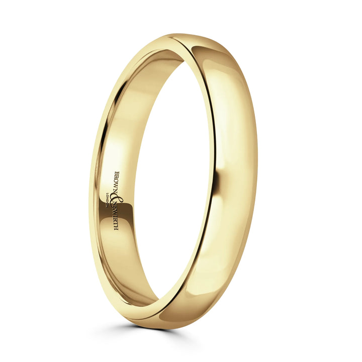3mm Softened Flat Court 18ct Yellow Gold Wedding Ring by Brown & Newirth