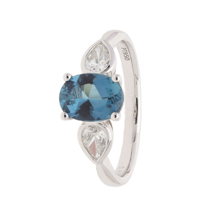 Teal Tourmaline and Diamond Platinum Trilogy Ring