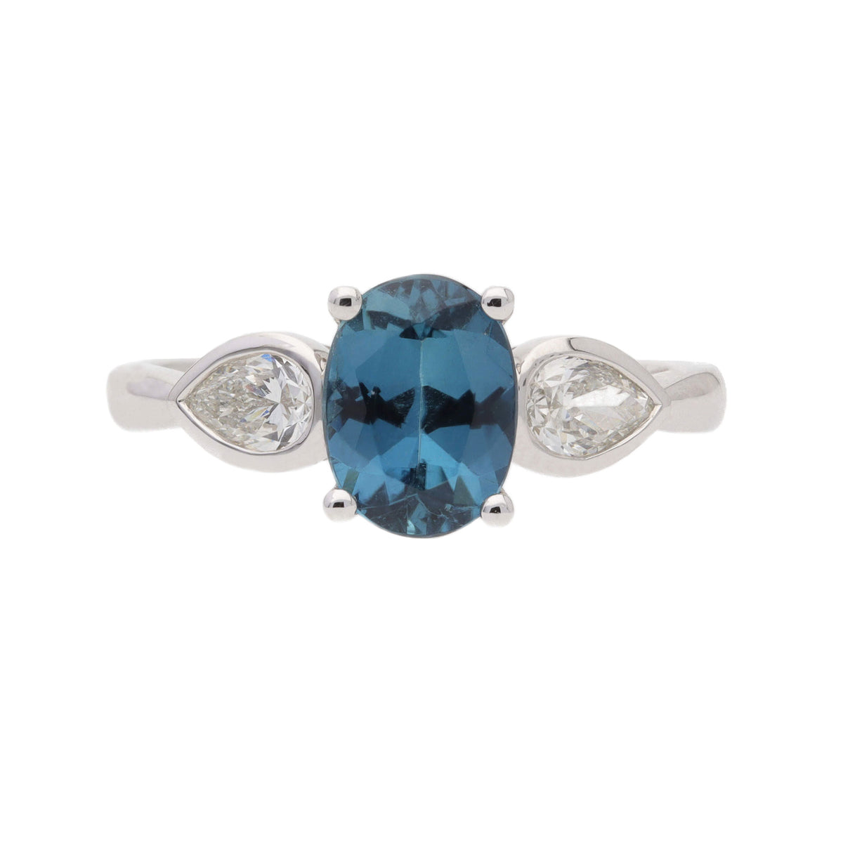 Teal Tourmaline and Diamond Platinum Trilogy Ring - Michael Jones Jeweller