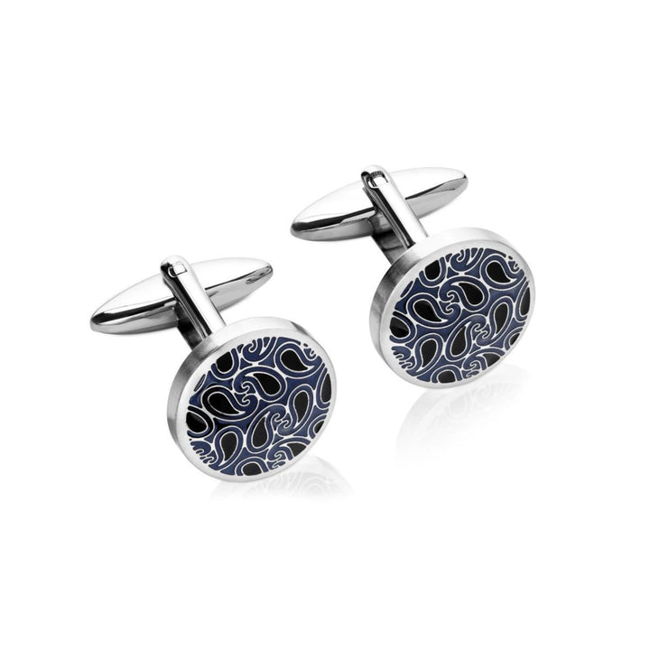 Unique & Co Blue and Black Paisley Steel Cufflinks - Michael Jones Jeweller