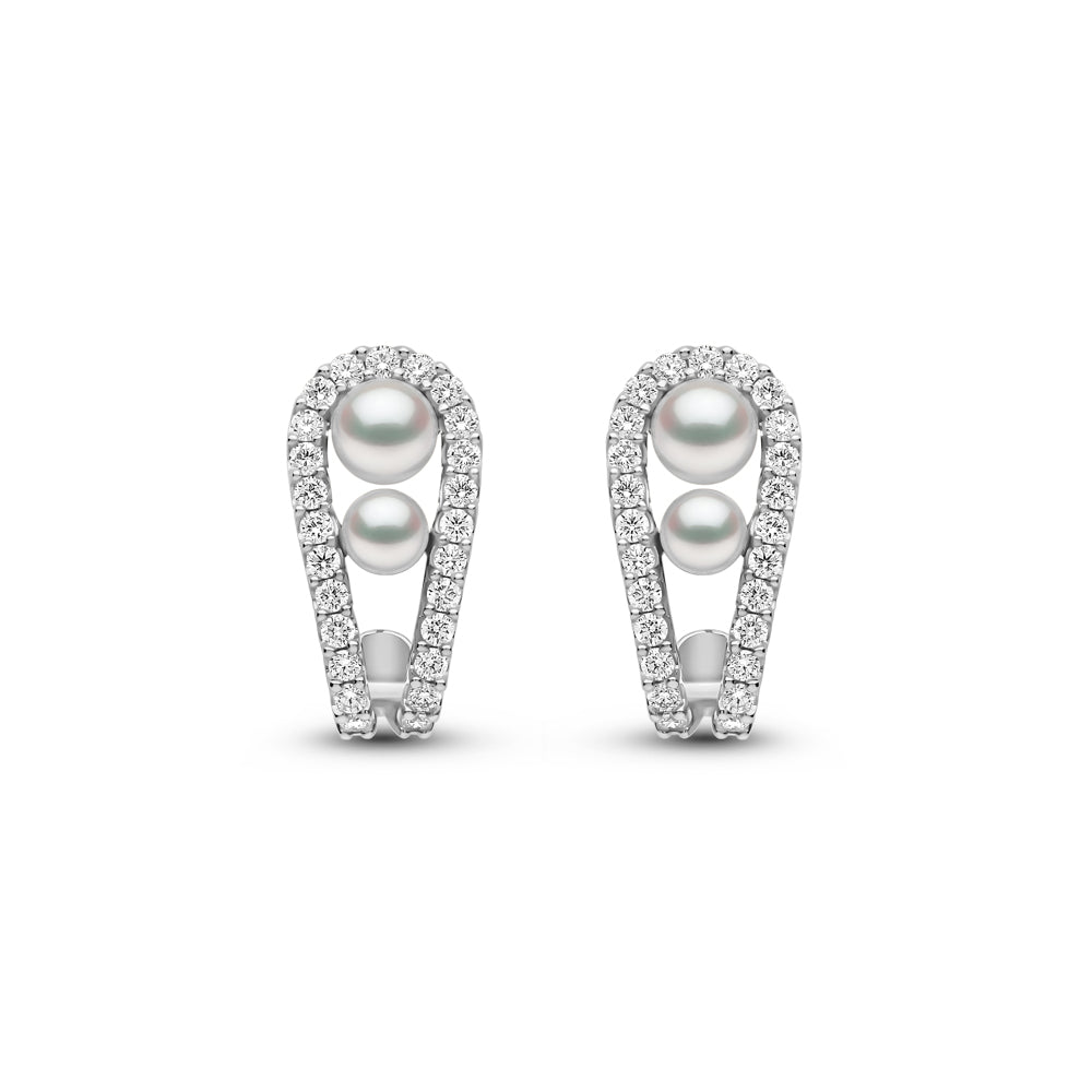 Yoko Sleek Double Akoya Pearl and Diamond 18ct White Gold Half Hoop Earrings