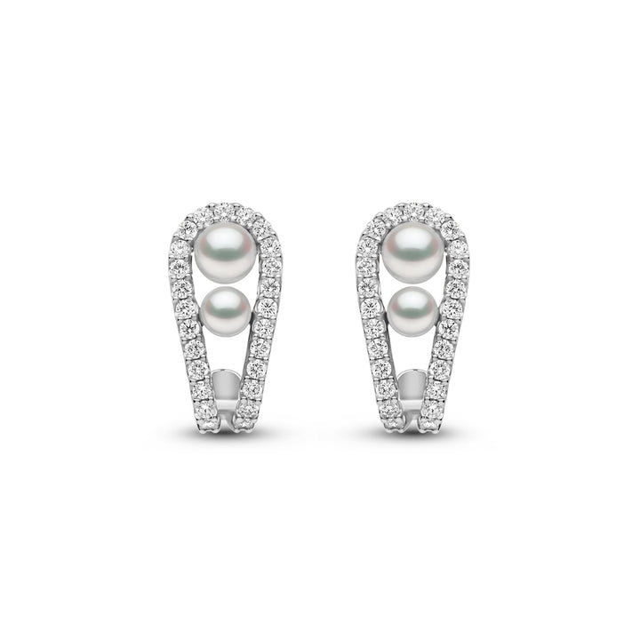 Yoko Sleek Double Akoya Pearl and Diamond 18ct White Gold Half Hoop Earrings