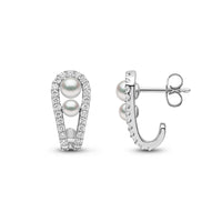 Yoko Sleek Double Akoya Pearl and Diamond 18ct White Gold Half Hoop Earrings