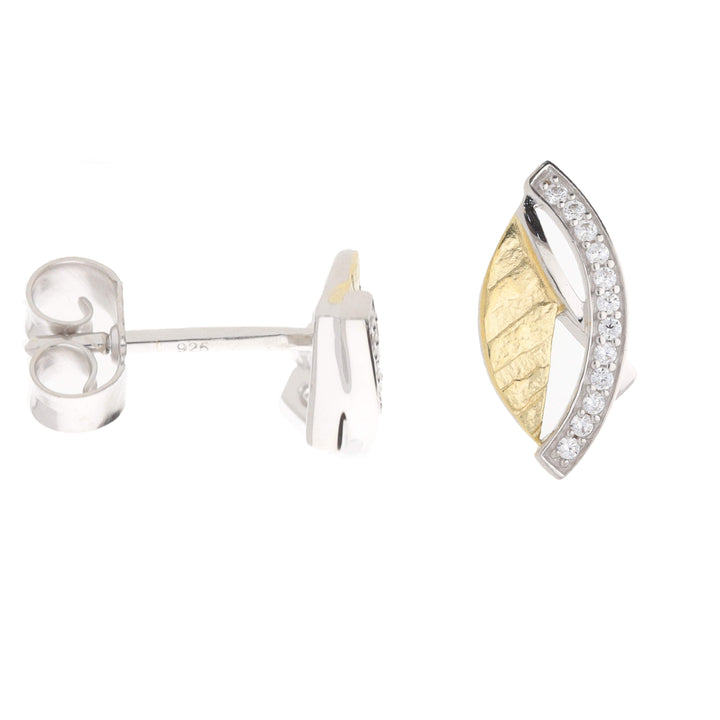 Cubic Zirconia Silver and Yellow Gold Plated Leaf Stud Earrings
