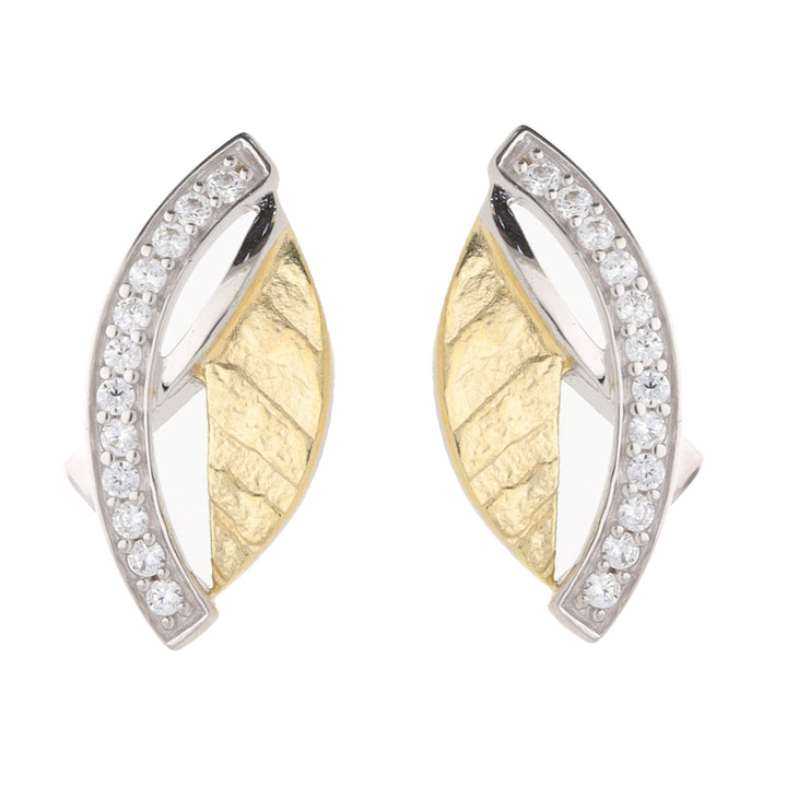 Cubic Zirconia Silver and Yellow Gold Plated Leaf Stud Earrings