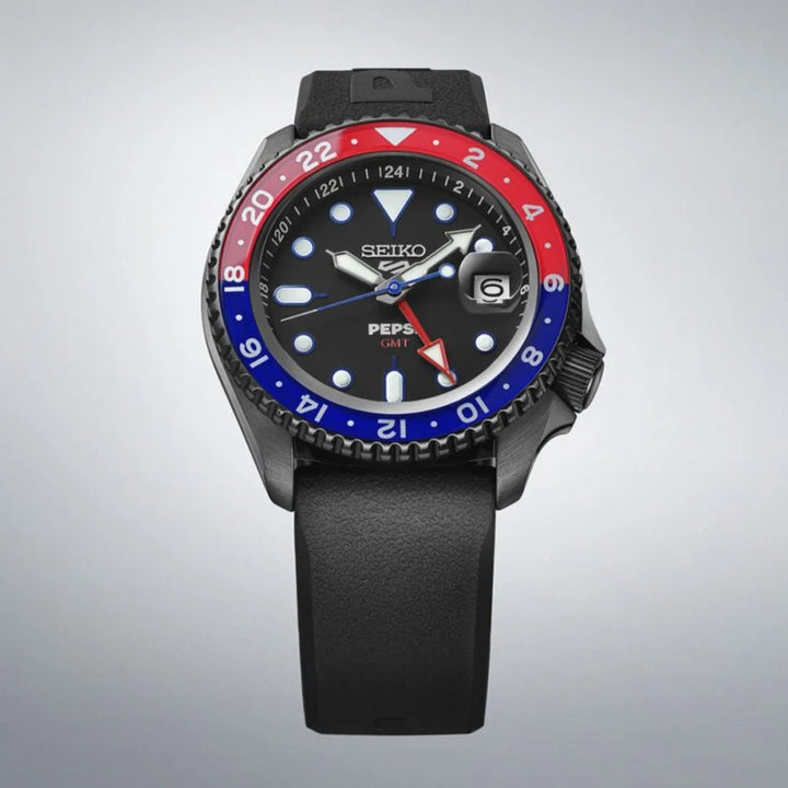 Seiko 5 Sports x PEPSI Limited Edition Collaboration in All-Black Automatic GMT Watch SSK047K1