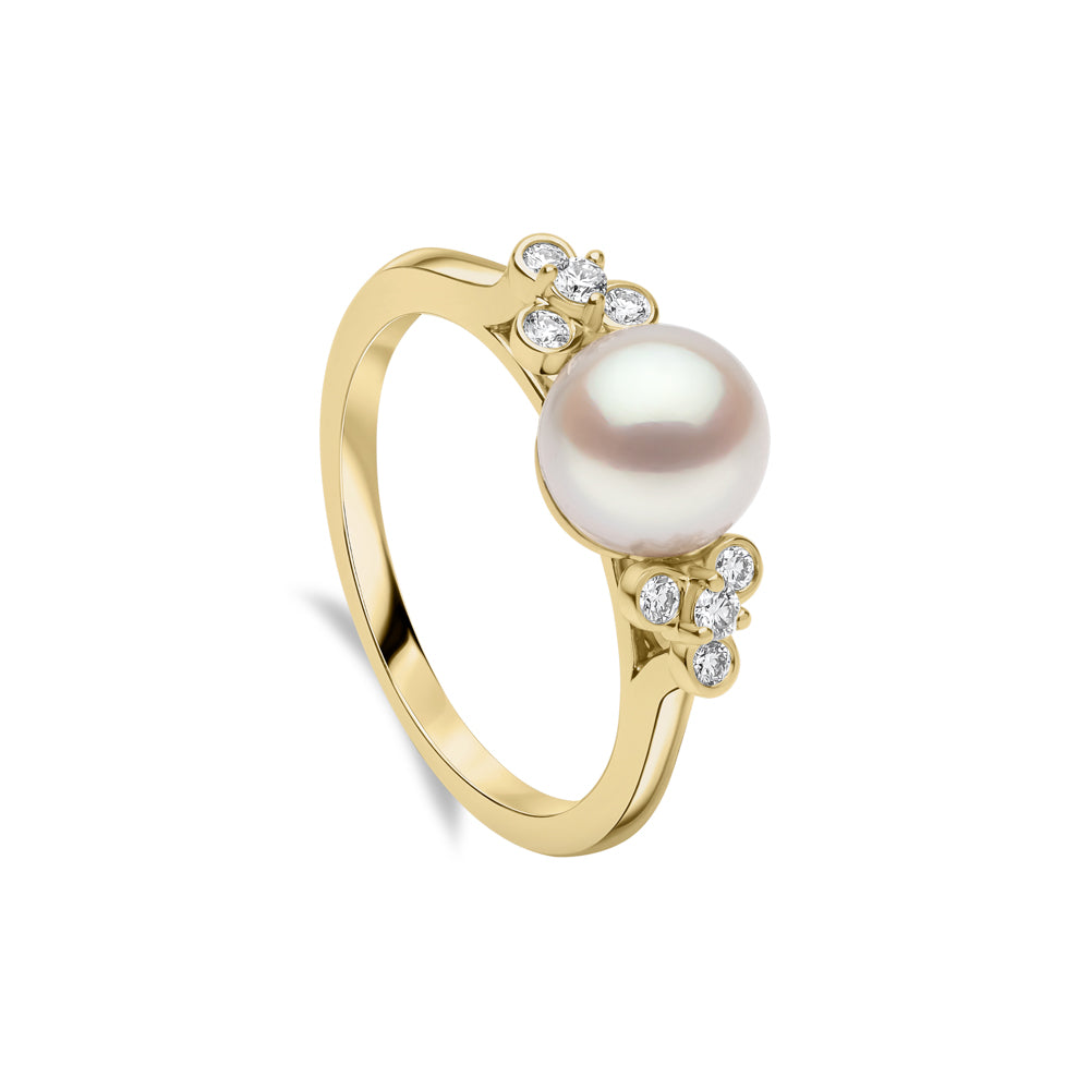 Yoko Trend Freshwater Pearl and Mini Diamond Motif 18ct Yellow Gold Ring