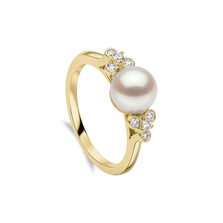 Yoko Trend Freshwater Pearl and Mini Diamond Motif 18ct Yellow Gold Ring