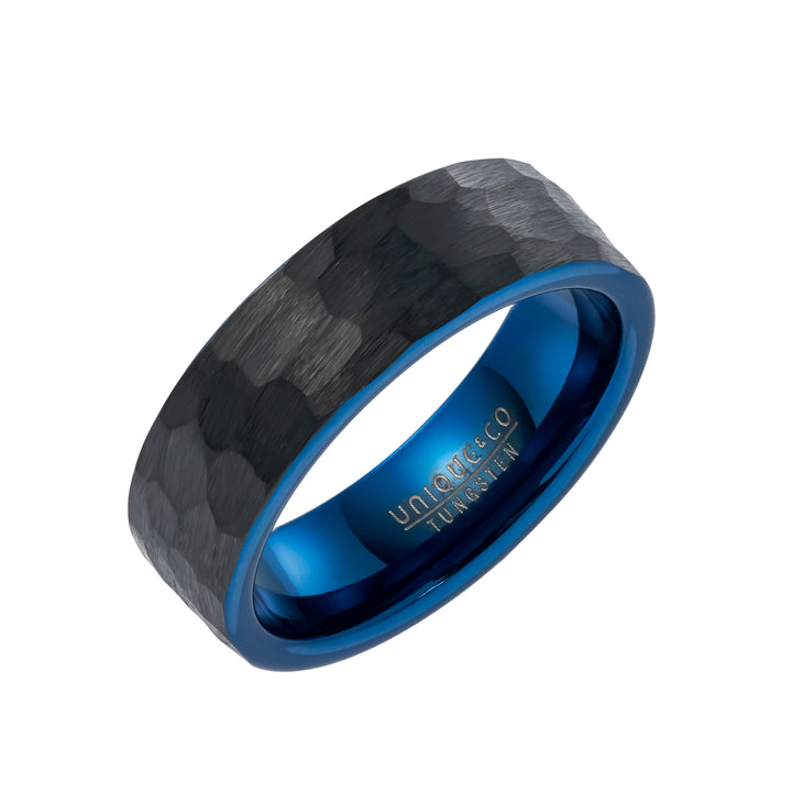 Unique Black and Blue Hammered Tungsten Carbide Ring (66)