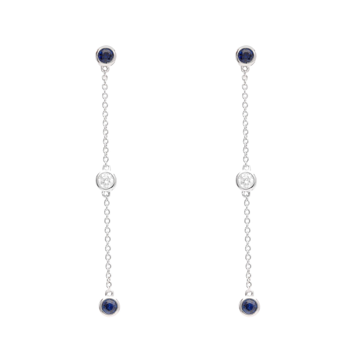 Sapphire and Diamond 18ct White Gold Station Link Chain Drop Earrings - Michael Jones Jeweller