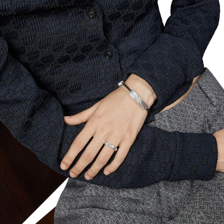 Gucci Tag Leather Silver Bracelet