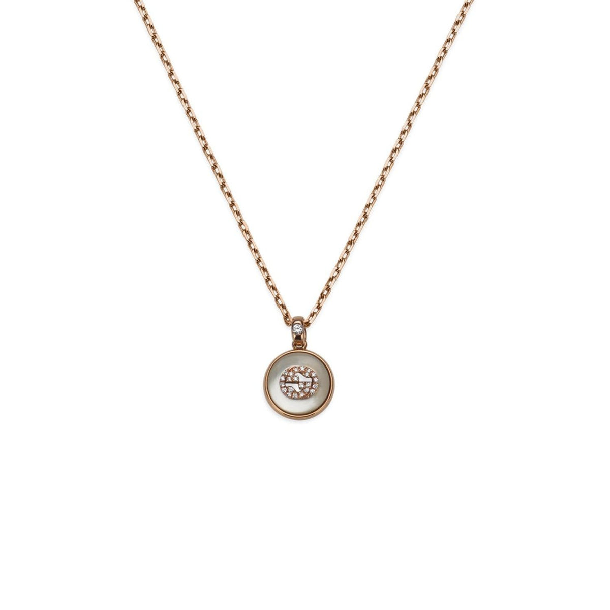 Gucci Interlocking G Mother Of Pearl and Diamond 18ct Rose Gold Necklace - Michael Jones Jeweller