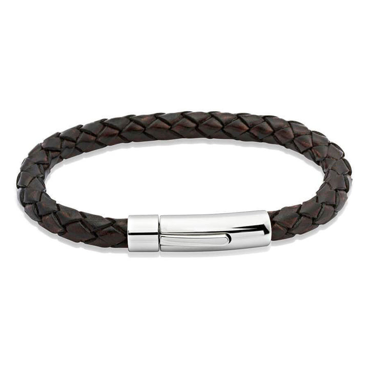 Unique Antique Dark Brown Leather with Stainless Steel Bracelet 21cm