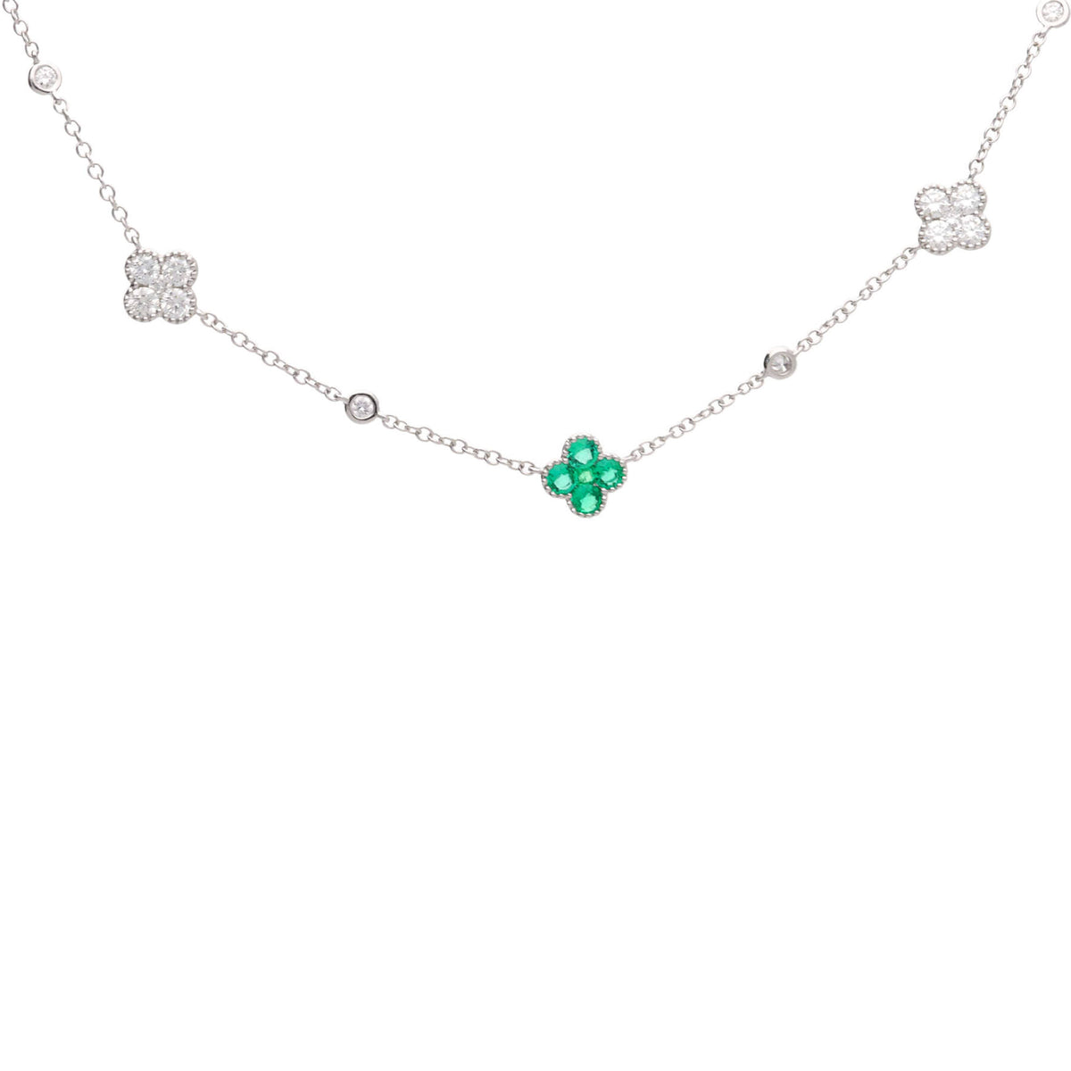 Colombian Emerald and Diamond 18ct White Gold Clover Necklet - Michael Jones Jeweller