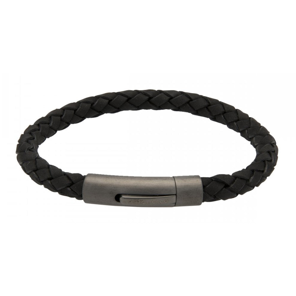 Unique Black Leather Gunmetal Steel Bracelet 21cm - Michael Jones Jeweller