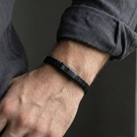 Steel and Barnett Riley Braided Black Leather Men's Bracelet - Medium