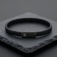 Steel and Barnett Riley Braided Black Leather Men's Bracelet - Medium