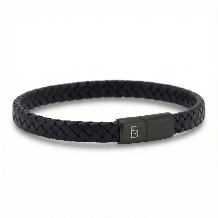 Steel and Barnett Riley Braided Black Leather Bracelet with Black Stainless Steel Clasp - Small