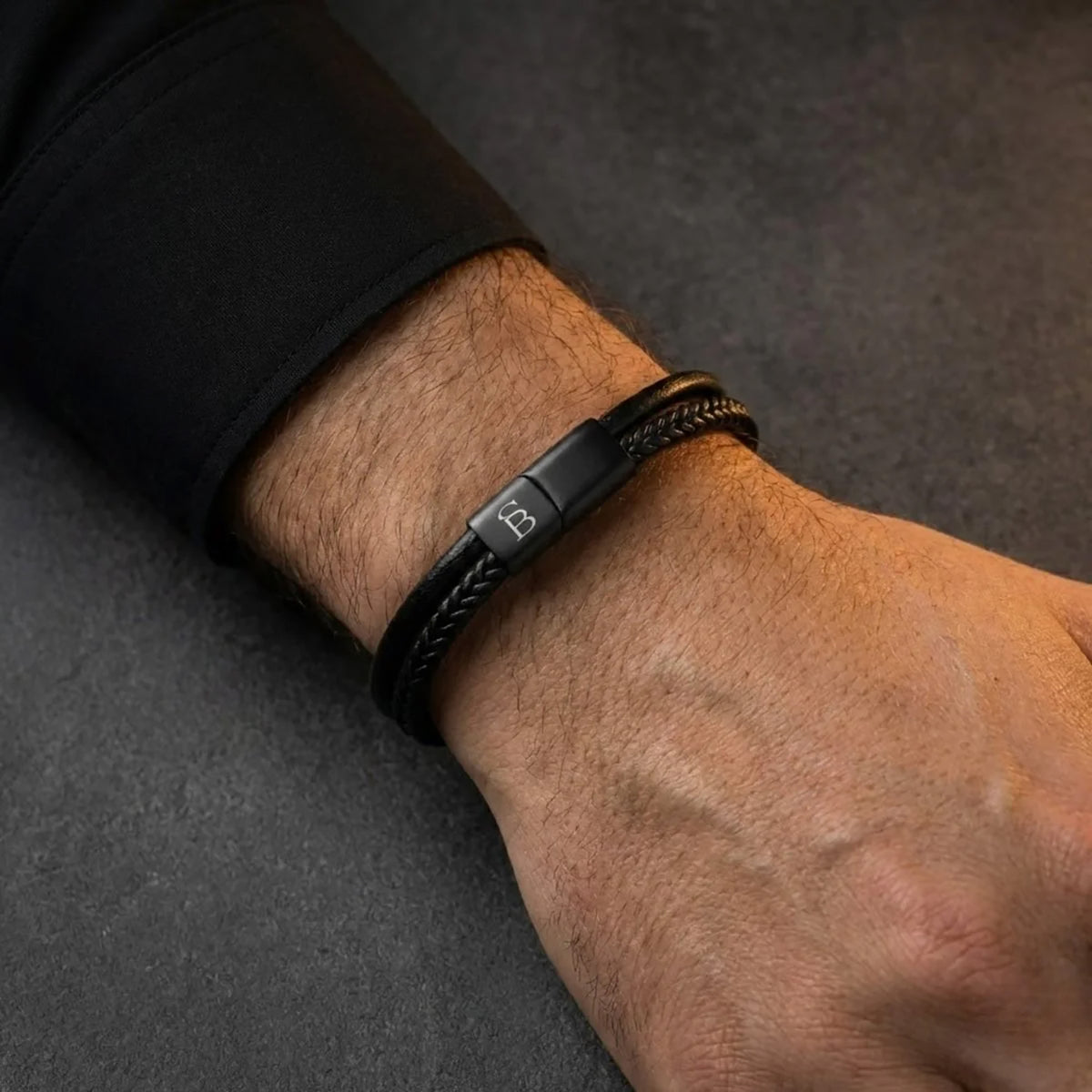 Steel and Barnett Denby Dual-Band Black Leather Men's Bracelet - Small - Michael Jones Jeweller