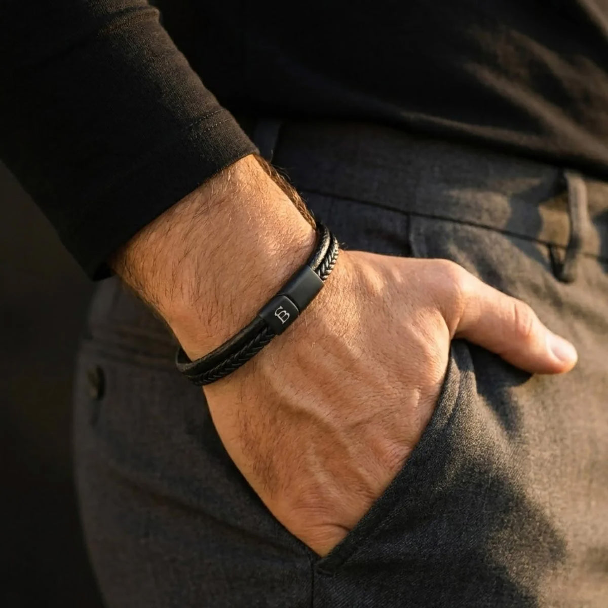 Steel and Barnett Denby Dual-Band Black Leather Men's Bracelet - Small - Michael Jones Jeweller