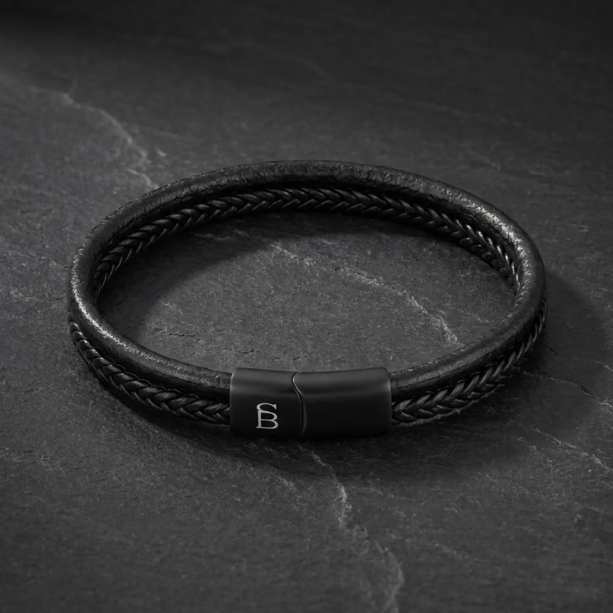 Steel and Barnett Denby Dual-Band Black Leather Men's Bracelet - Small - Michael Jones Jeweller