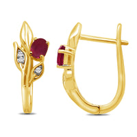 Ruby and Diamond 9ct Yellow Gold Leaf Hoop Earrings