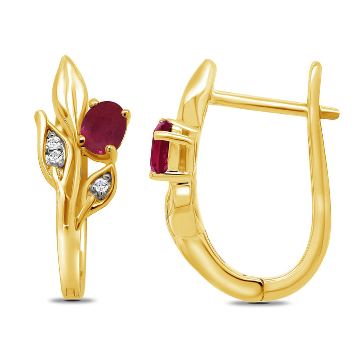 Ruby and Diamond 9ct Yellow Gold Leaf Hoop Earrings