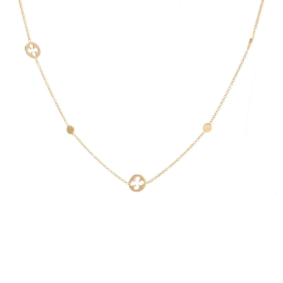 Quatrefoil and Disc Motif 9ct Yellow Gold Station Necklace - Michael Jones Jeweller