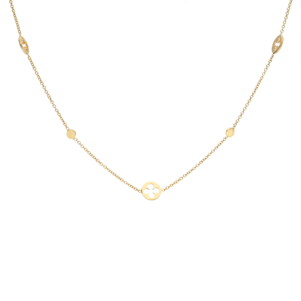 Quatrefoil and Disc Motif 9ct Yellow Gold Station Necklace - Michael Jones Jeweller