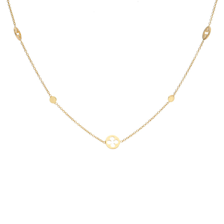 Quatrefoil and Disc Motif 9ct Yellow Gold Station Necklace