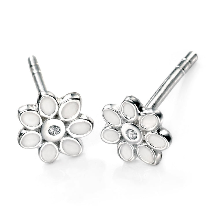 Childs D for Diamond White Enamel Daisy Stud Earrings