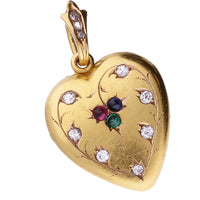 Pre-Owned Late Victorian Sapphire, Ruby, Emerald and Diamond Yellow Gold Engraved Heart Locket