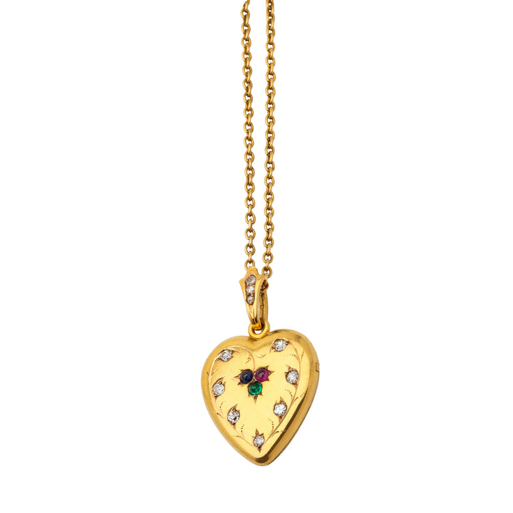 Pre-Owned Late Victorian Sapphire, Ruby, Emerald and Diamond Yellow Gold Engraved Heart Locket