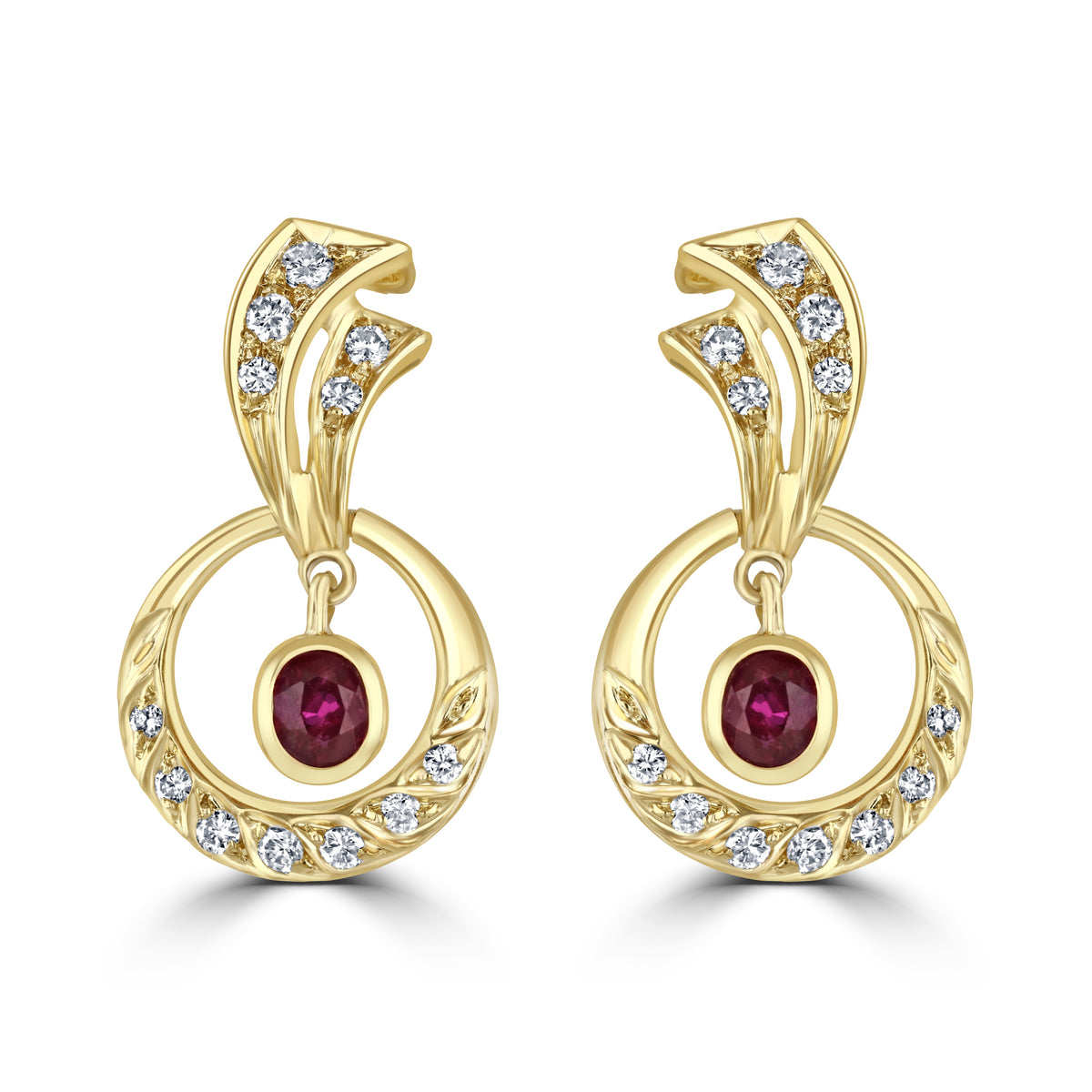 Pre-owned Ruby and Diamond Yellow Gold Circle Drop Earrings - Michael Jones Jeweller