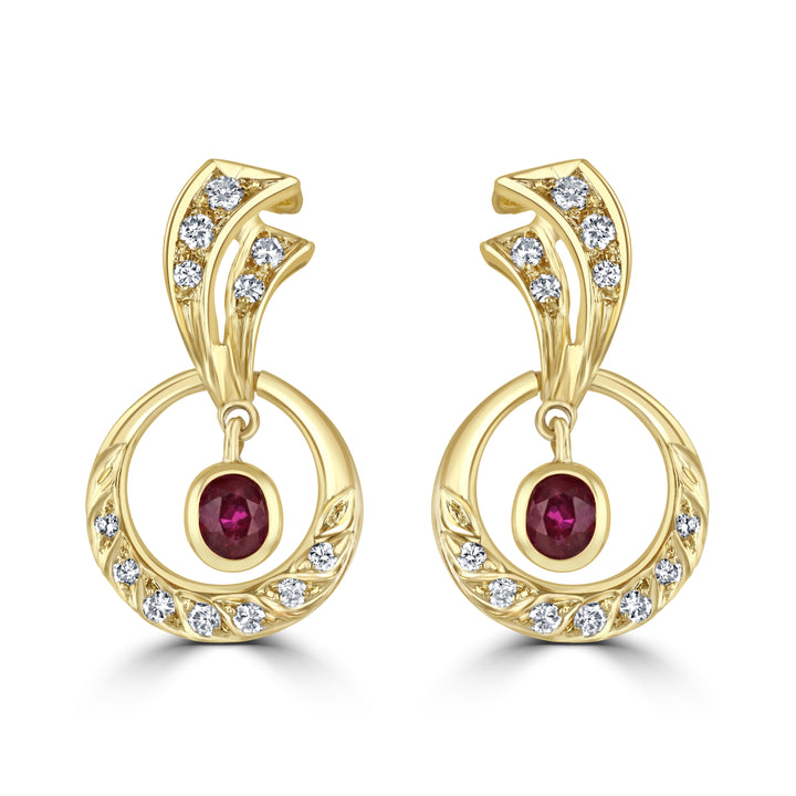 Pre-owned Ruby and Diamond Yellow Gold Circle Drop Earrings