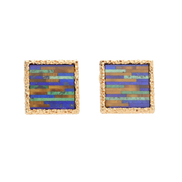 Pre-Owned Lapis and Tigers Eye 18ct Yellow Gold Cufflinks
