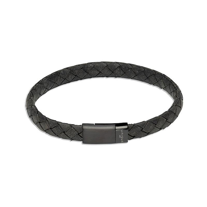 Unique Black Leather Braided Bracelet with Stainless Steel Clasp 21cm