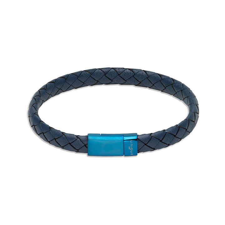 Unique & Co Blue Leather Braided Bracelet with Blue Steel Plated Clasp 21cm