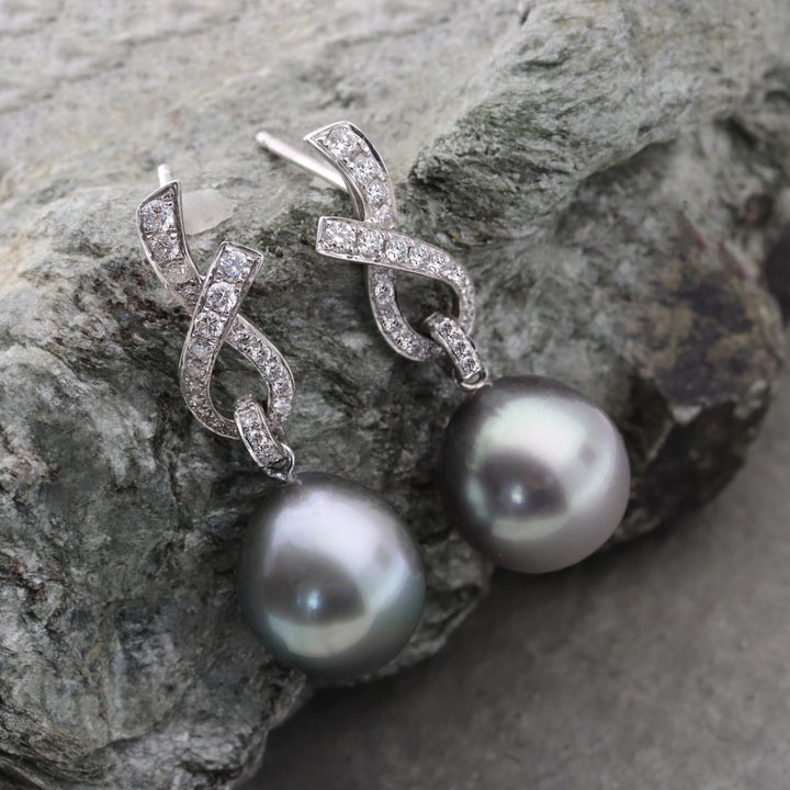 Tahitian Cultured Pearl and Diamond 18ct White Gold Drop Earrings