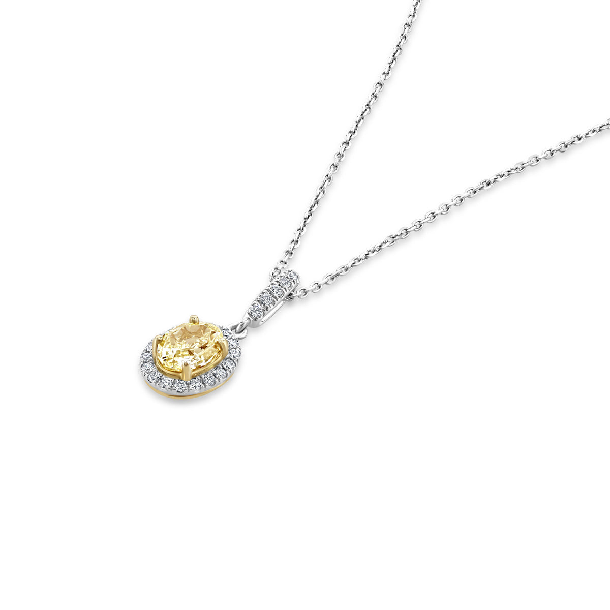Skye Oval Fancy Yellow and White Diamond Cluster Platinum Pendant - Michael Jones Jeweller
