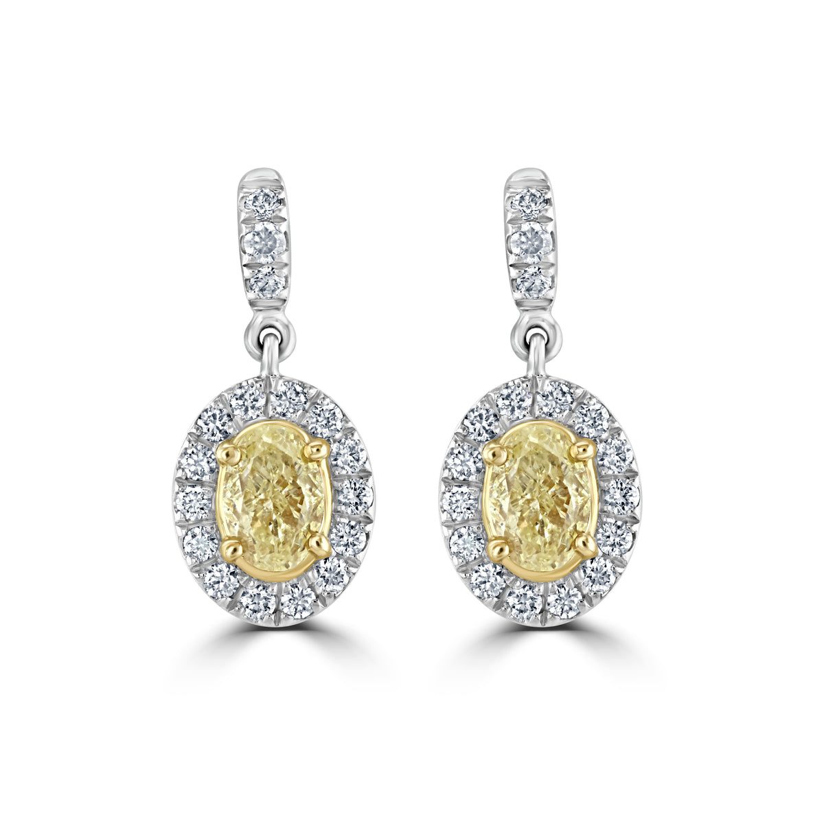 Skye Oval Fancy Yellow and White Diamond Platinum Cluster Drop Earrings - Michael Jones Jeweller