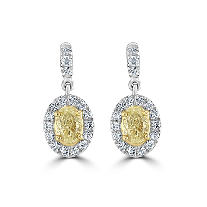Skye Oval Fancy Yellow and White Diamond Platinum Cluster Drop Earrings