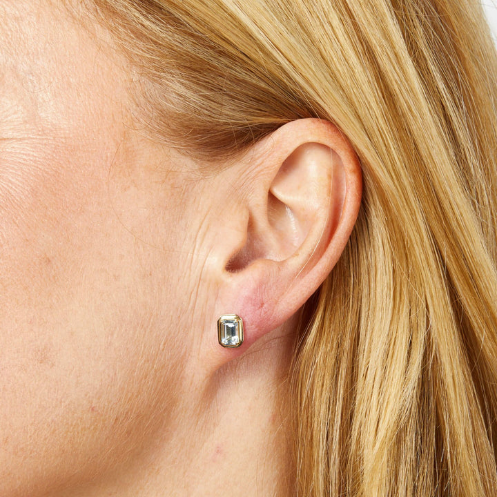 Elongated Octagon Aquamarine 9ct Yellow Gold Stud Earrings