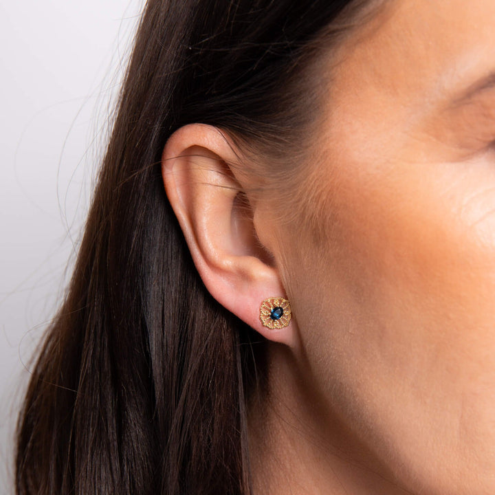 Ornate Sapphire 9ct Yellow Gold Stud Earrings