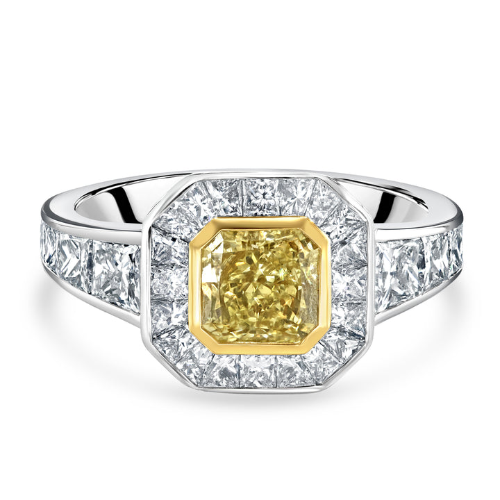 Fancy Yellow and White Diamond 18ct White Gold Cluster Ring (L)