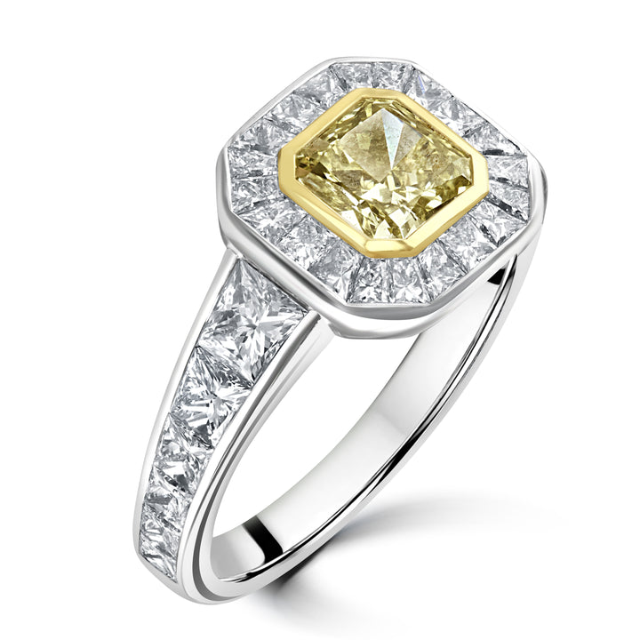 Fancy Yellow and White Diamond 18ct White Gold Cluster Ring (L)