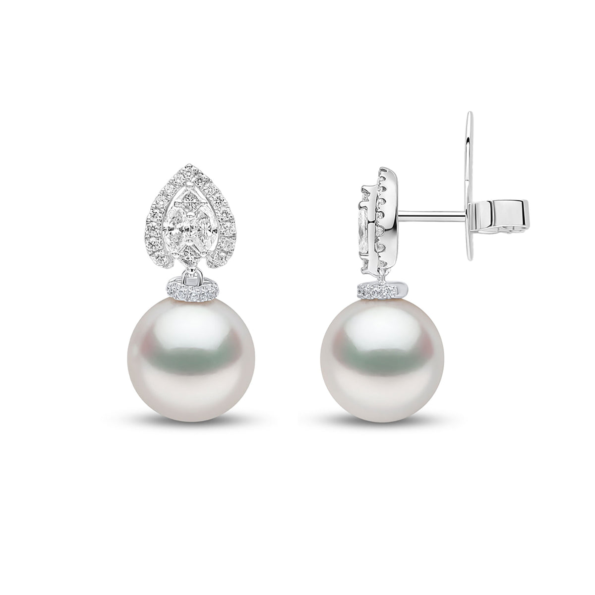 Yoko Glitz South Sea Pearl and Diamond 18ct White Gold Halo Drop Earrings - Michael Jones Jeweller