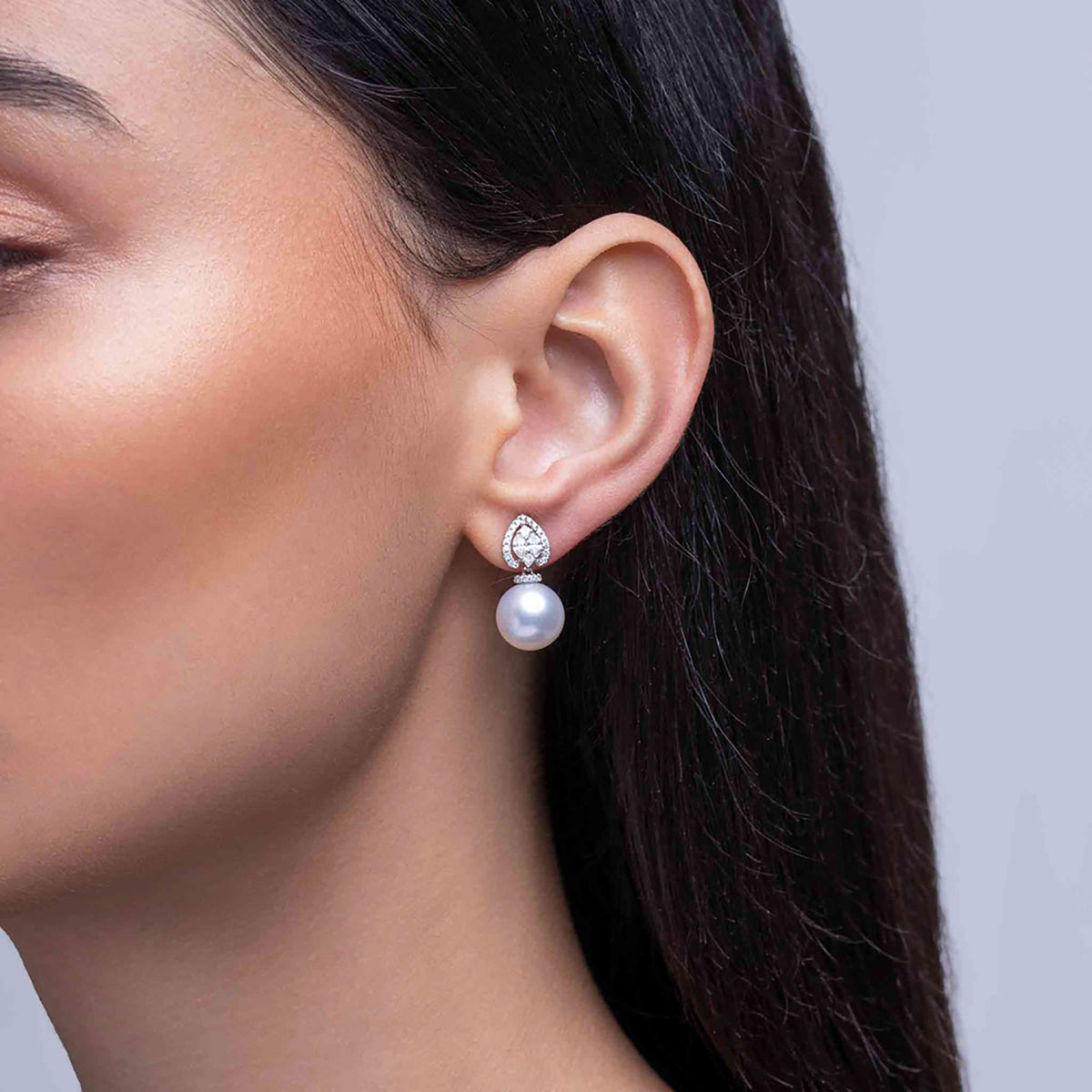 Yoko Glitz South Sea Pearl and Diamond 18ct White Gold Halo Drop Earrings - Michael Jones Jeweller